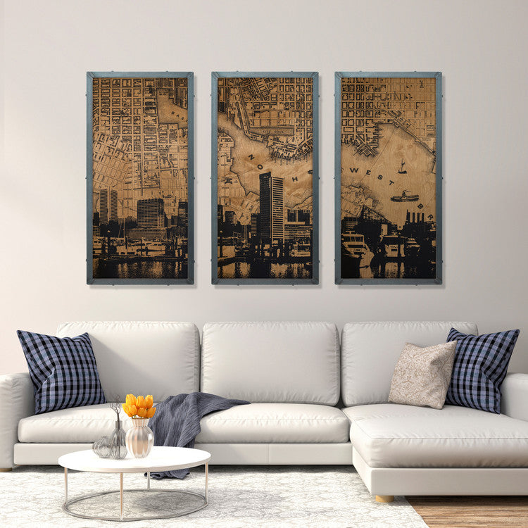 Baltimore City Map Triptych 24x48