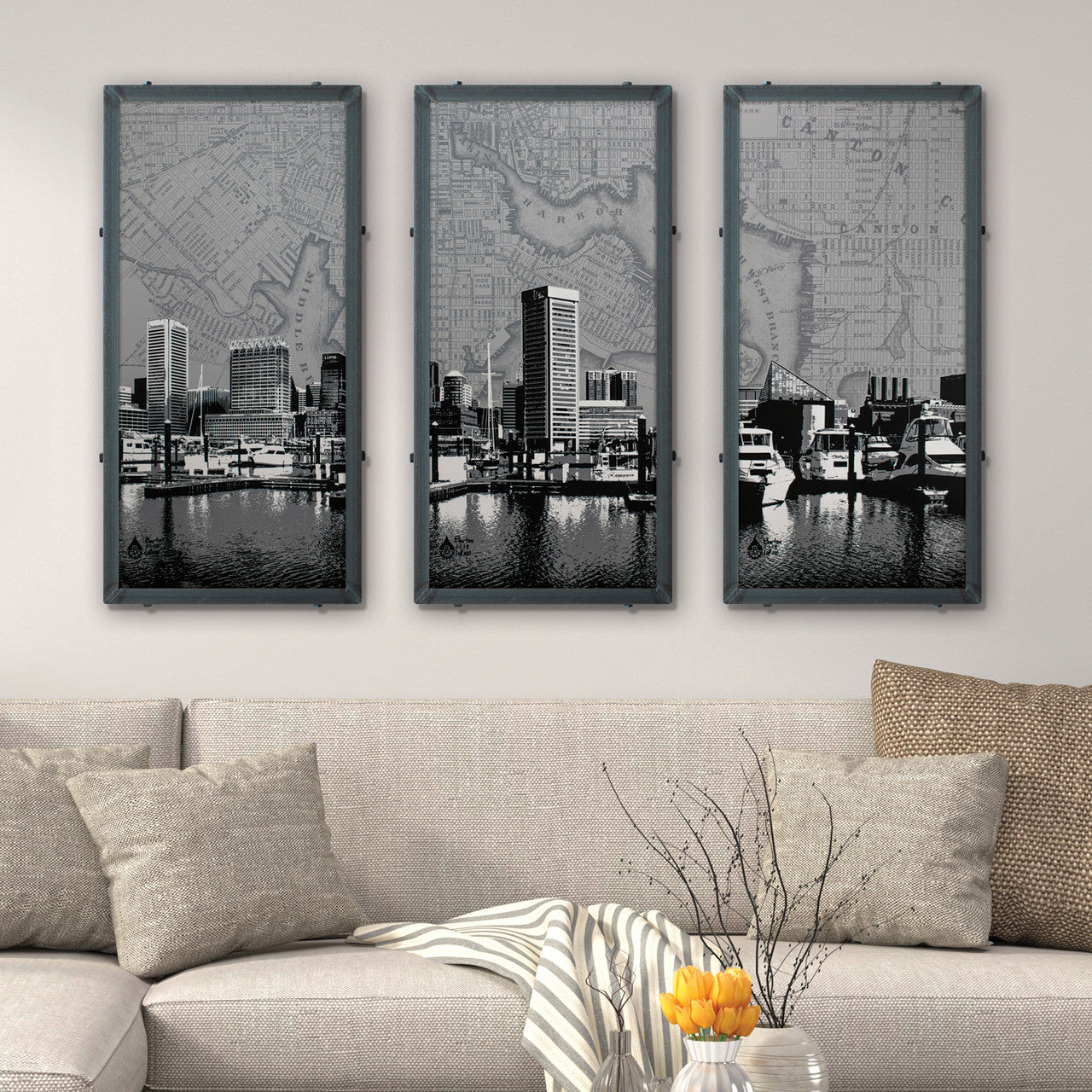 Baltimore Skyline Map Triptych