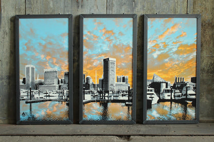 Baltimore Skyline Triptych Sunset, Baltimore, MD 15x30 ea.