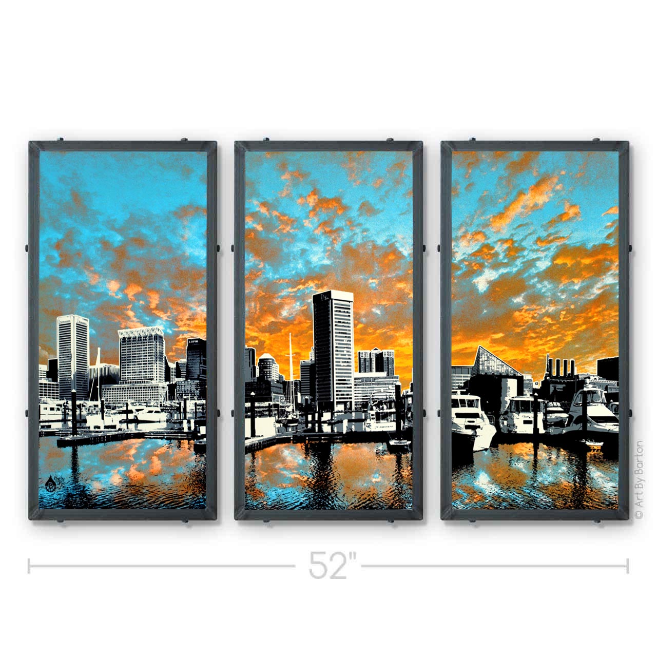 Baltimore Skyline Triptych Sunset, Baltimore, MD 15x30 ea.