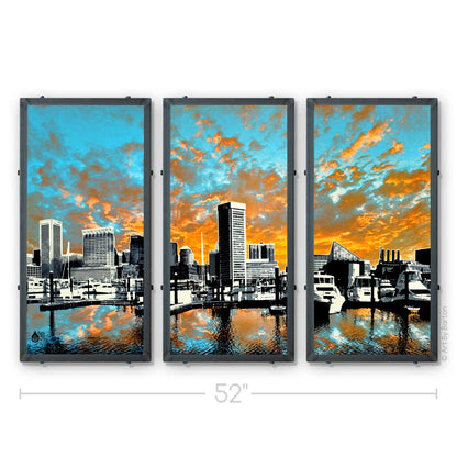 Baltimore Skyline Triptych Sunset, Baltimore, MD 15x30 ea.