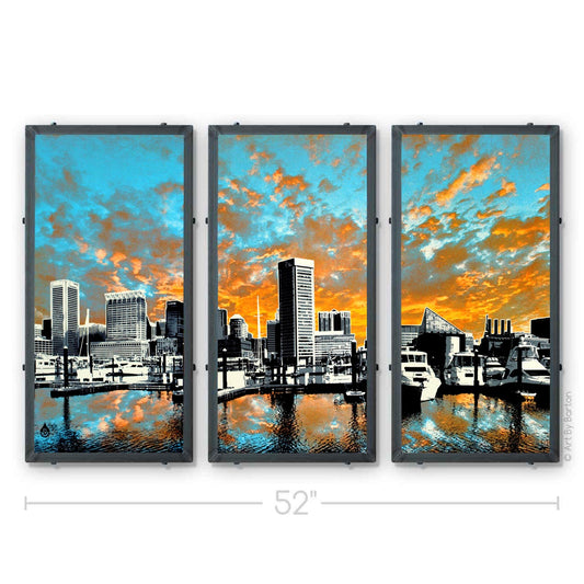 Baltimore Skyline Triptych Sunset, Baltimore, MD 15x30 ea.