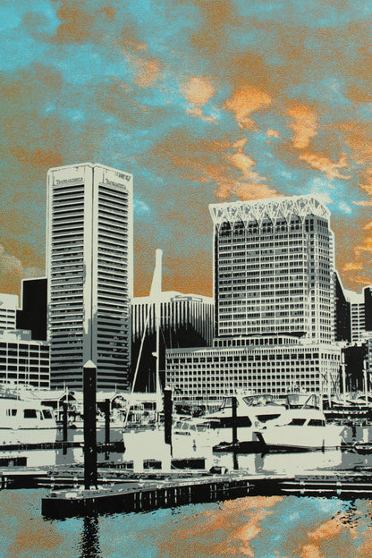 Baltimore Skyline Triptych Sunset, Baltimore, MD 15x30 ea.